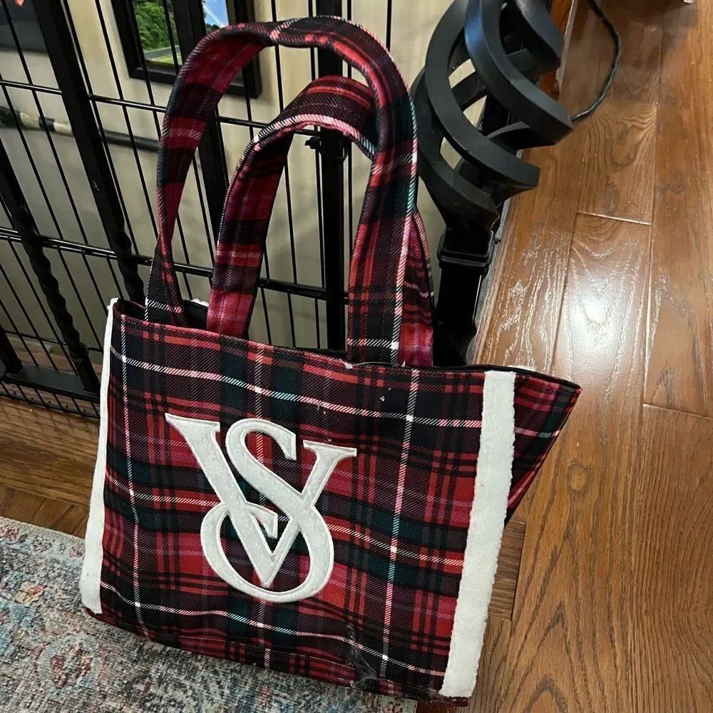 Victoria’s Secret Christmas 2022 red plaid tote bag with fuzzy accents